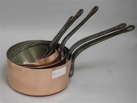 A set of five 19th century copper saucepans